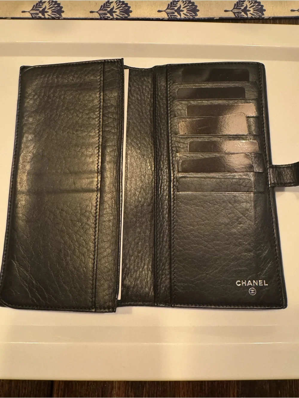CHANEL Black Leather Long Wallet with CC Button Strap